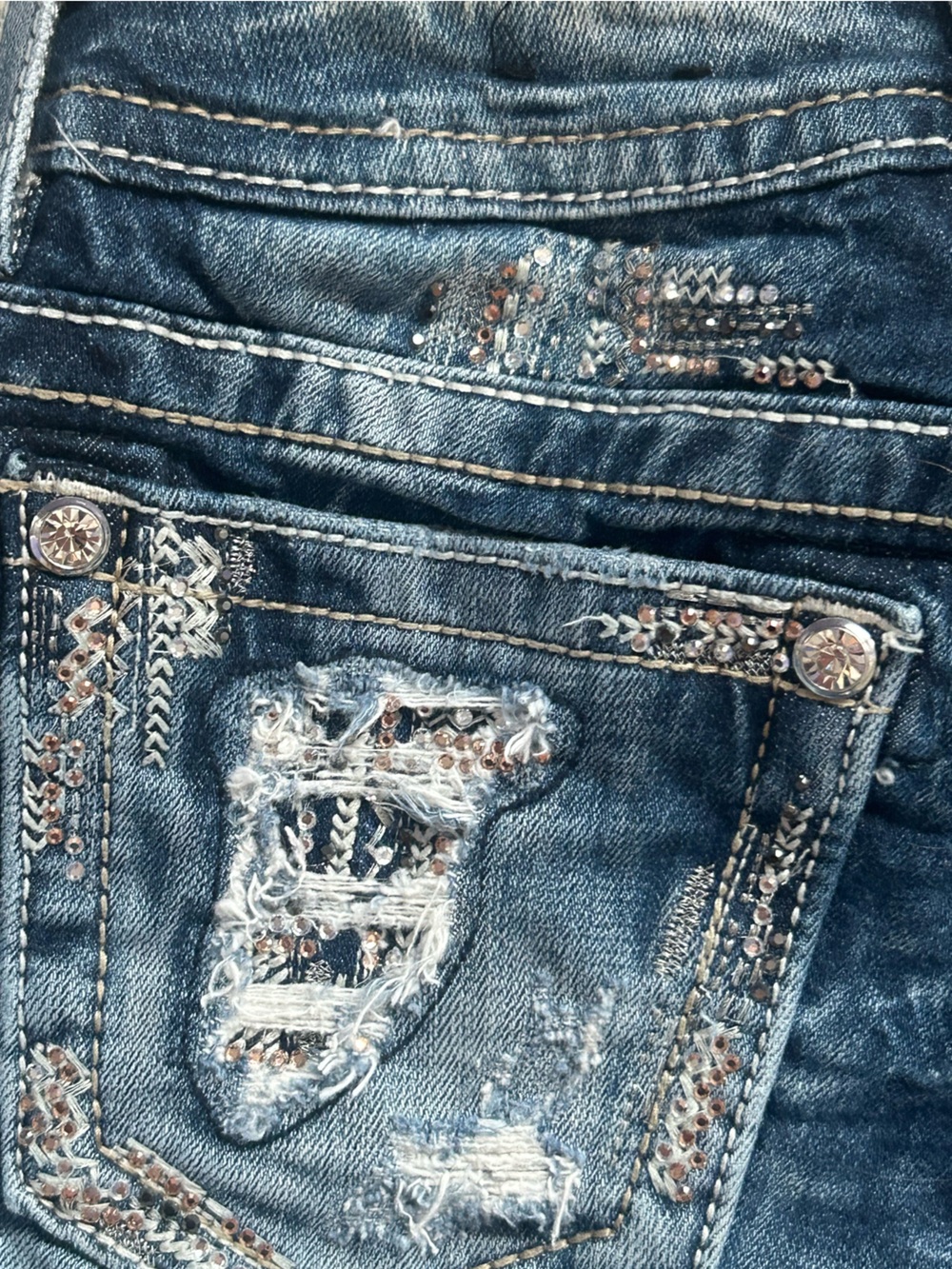 Miss Me Signature Straight Distressed Embellished Dark Blue Wash Denim Jeans - Picture 10 of 11